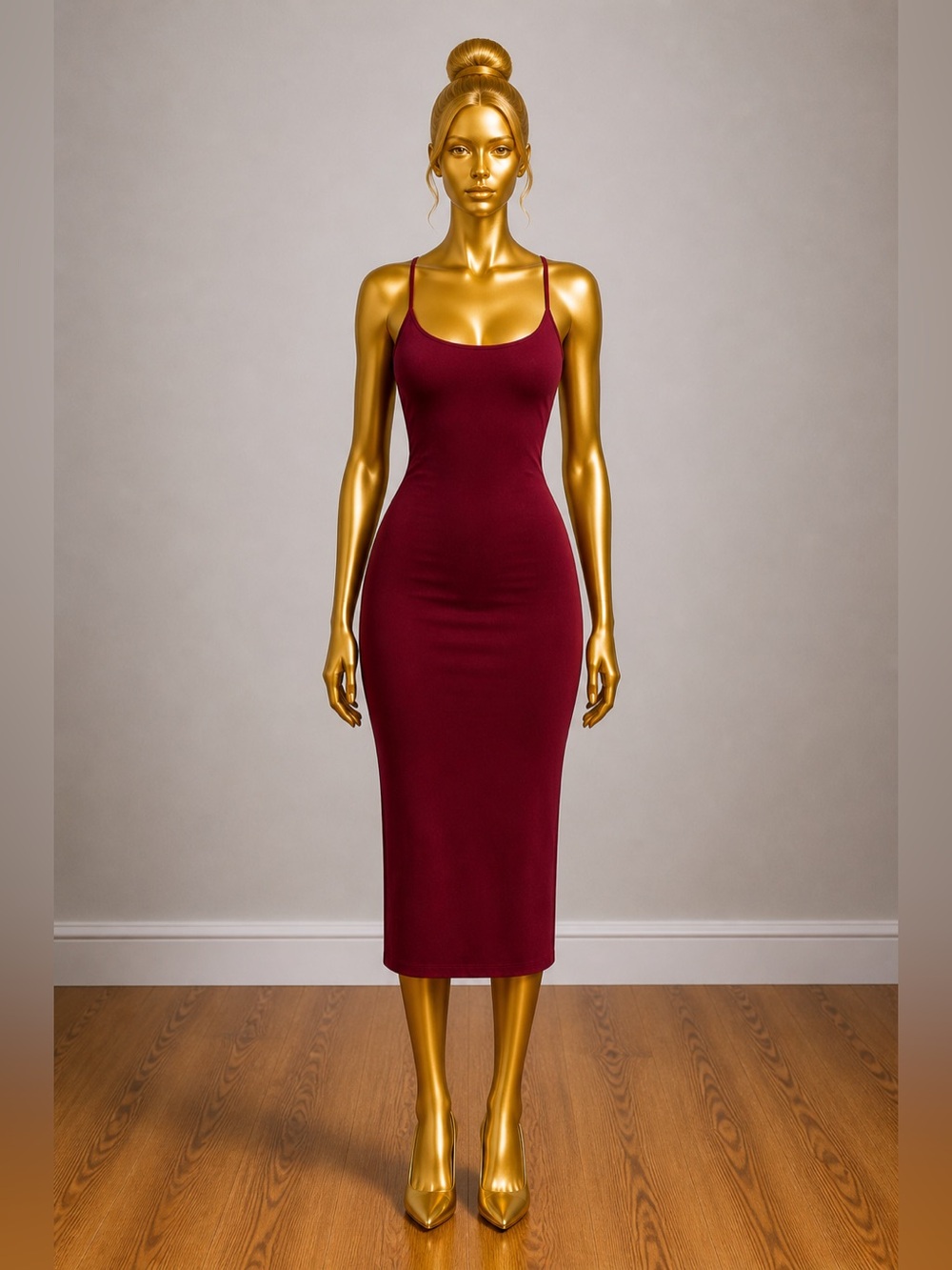 Primi Burgundy Bodycon Midi Dress - Sleeveless Scoop Neck Back Straps